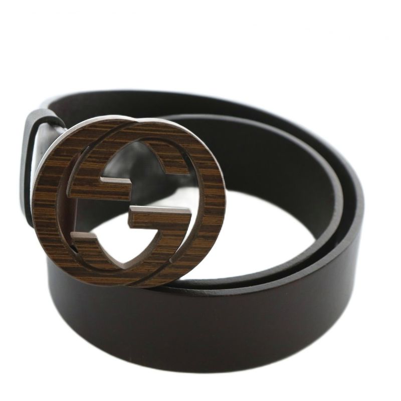 Gucci Belt Dove Leather Interlocking GG Buckle Wood Grain Wood 85 31 Black