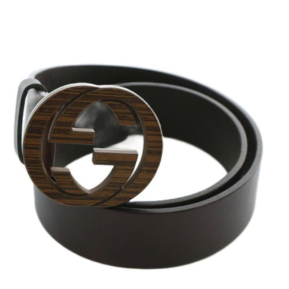 Gucci Belt Dove Leather Interlocking GG Buckle Wood Grain Wood 85 31 Black