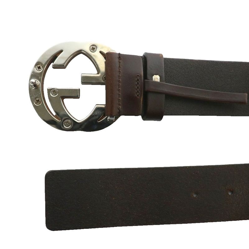 Gucci Belt Dove Leather Interlocking GG Buckle Wood Grain Wood 85 31 Black