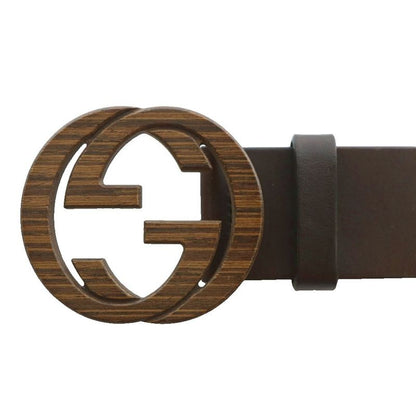 Gucci Belt Dove Leather Interlocking GG Buckle Wood Grain Wood 85 31 Black