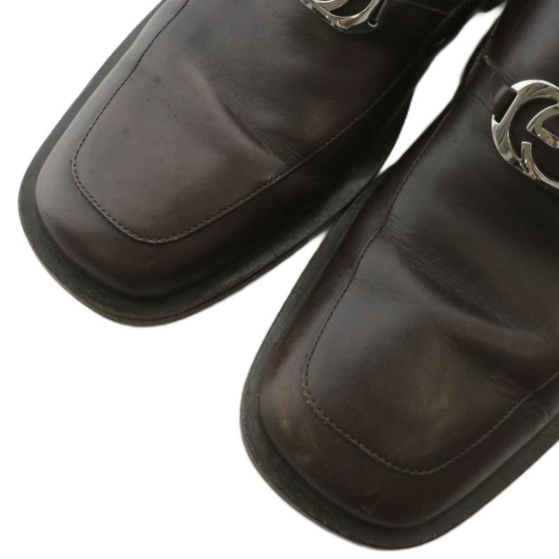 Gucci Loafers Leather Square Toe Interlocking Silver Hardware 6.5 25.5cm