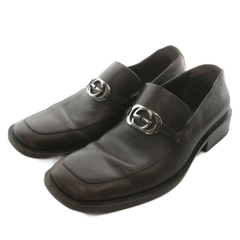 Gucci Loafers Leather Square Toe Interlocking Silver Hardware 6.5 25.5cm