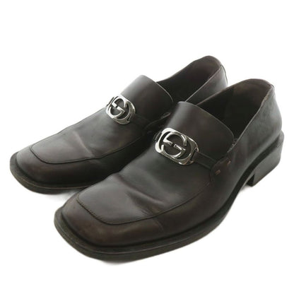 Gucci Loafers Leather Square Toe Interlocking Silver Hardware 6.5 25.5cm