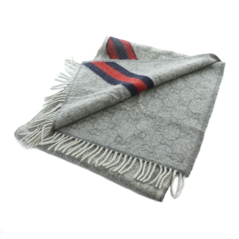 Gucci Scarf Shawl Logo Sherry Line GG Pattern Fringe Gray - GY11 MQ - OH