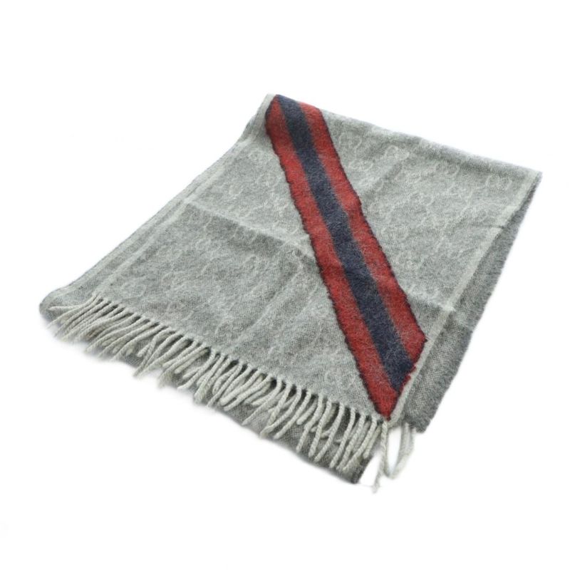 Gucci Scarf Shawl Logo Sherry Line GG Pattern Fringe Gray - GY11 MQ - OH