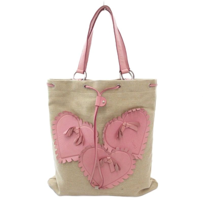 Yves Saint Laurent YVES Saint Laurent Tote Bag Heart Motif Canvas Leather Beige