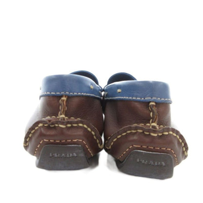 Prada Loafers Leather Logo Stitching Bicolor 35 Blue Brown JS - GY11