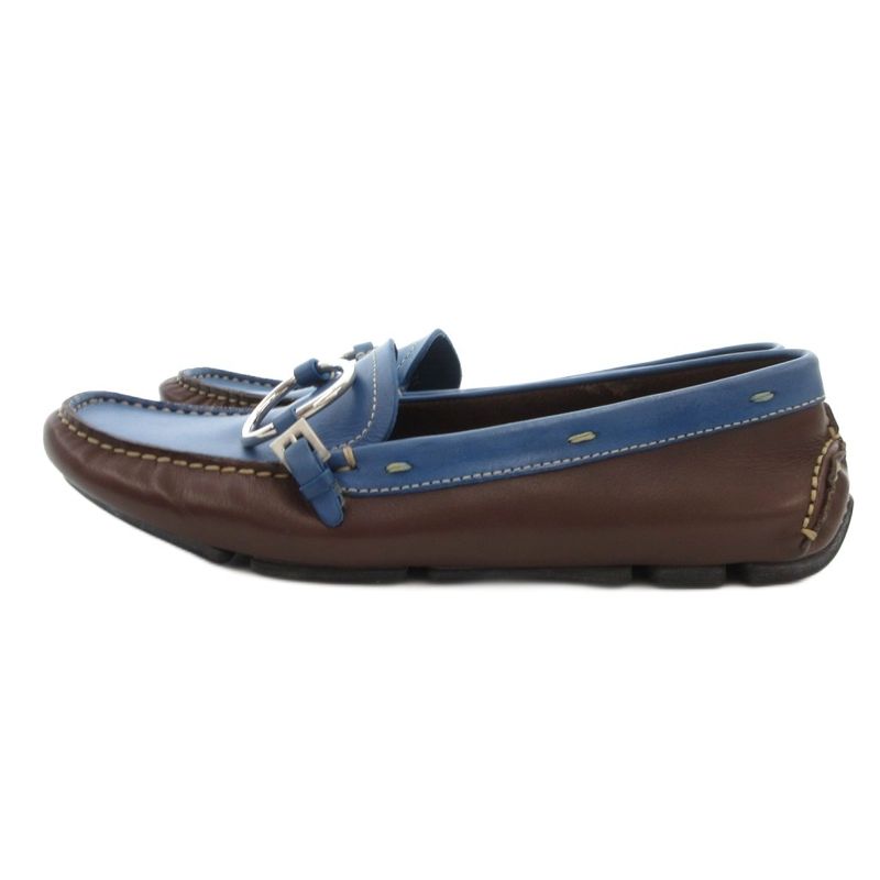 Prada Loafers Leather Logo Stitching Bicolor 35 Blue Brown JS - GY11