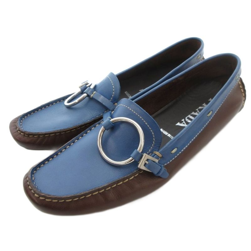 Prada Loafers Leather Logo Stitching Bicolor 35 Blue Brown JS - GY11