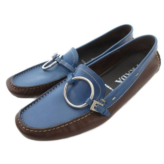 Prada Loafers Leather Logo Stitching Bicolor 35 Blue Brown JS - GY11
