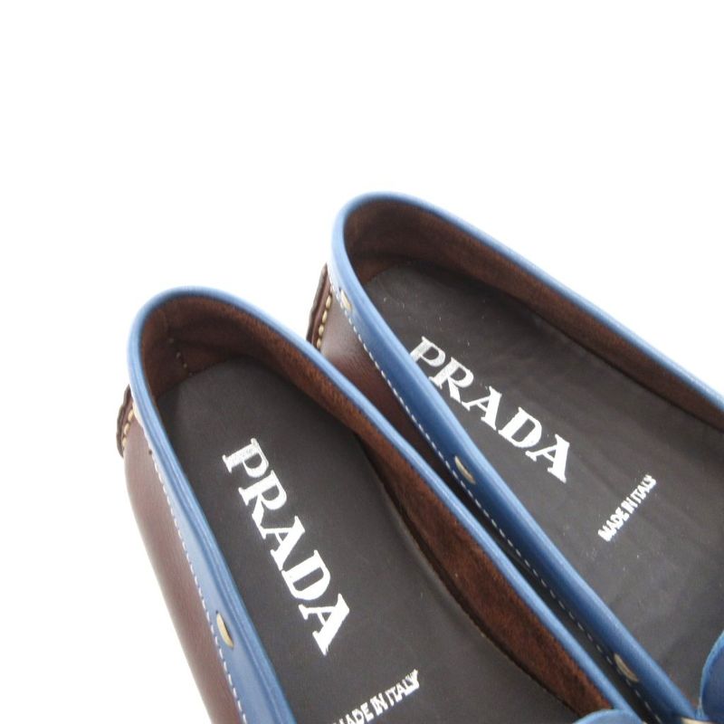 Prada Loafers Leather Logo Stitching Bicolor 35 Blue Brown JS - GY11
