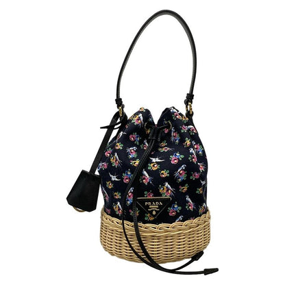 Prada Handbag - Black X Beige X Multi Drawstring Shape Bird And Flower Pattern