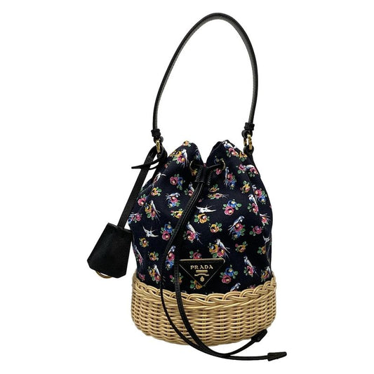 Prada Handbag - Black X Beige X Multi Drawstring Shape Bird And Flower Pattern