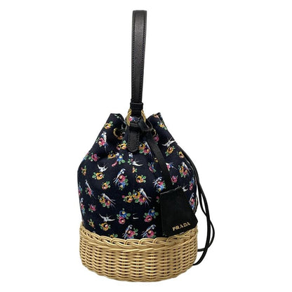 Prada Handbag - Black X Beige X Multi Drawstring Shape Bird And Flower Pattern