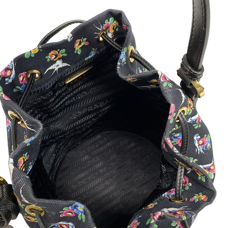 Prada Handbag - Black X Beige X Multi Drawstring Shape Bird And Flower Pattern