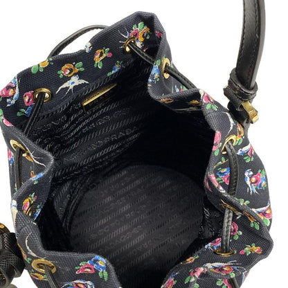 Prada Handbag - Black X Beige X Multi Drawstring Shape Bird And Flower Pattern