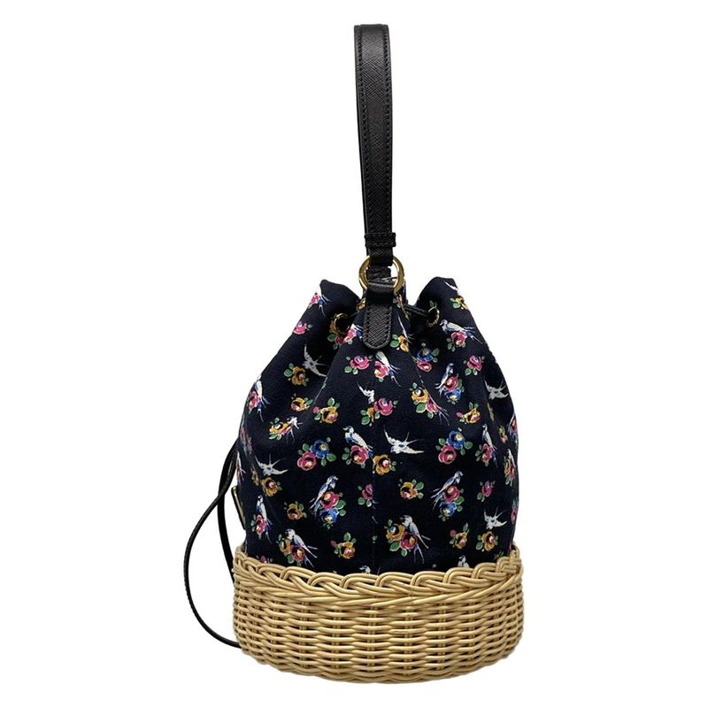 Prada Handbag - Black X Beige X Multi Drawstring Shape Bird And Flower Pattern