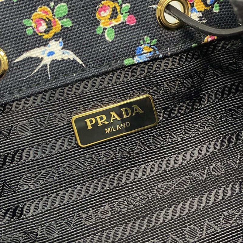 Prada Handbag - Black X Beige X Multi Drawstring Shape Bird And Flower Pattern