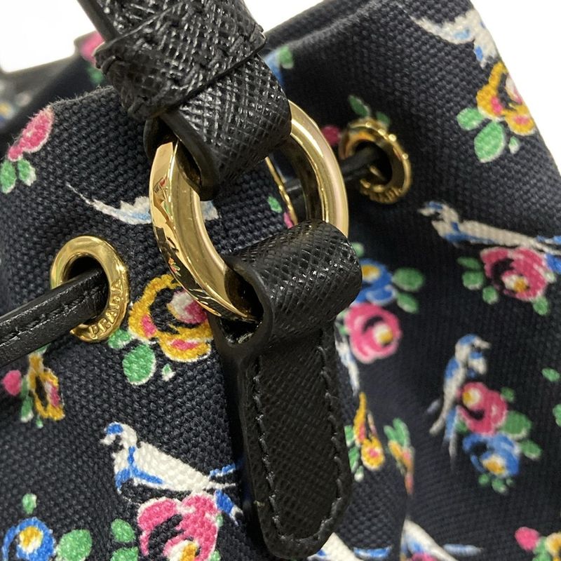 Prada Handbag - Black X Beige X Multi Drawstring Shape Bird And Flower Pattern