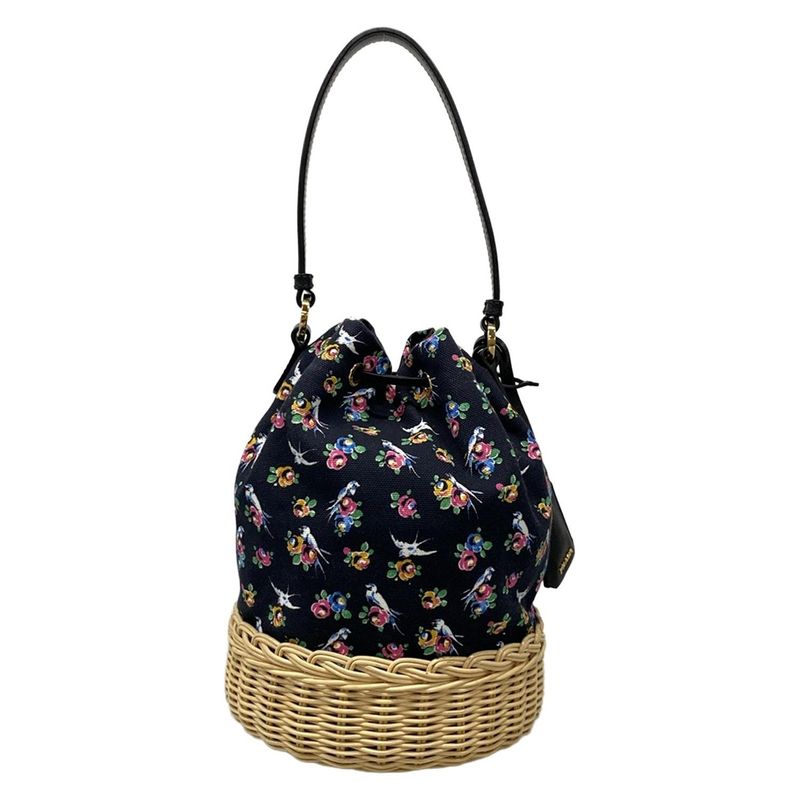 Prada Handbag - Black X Beige X Multi Drawstring Shape Bird And Flower Pattern