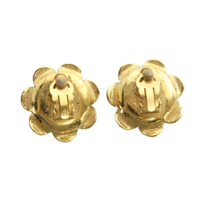 Chanel 25 EAR RING Accessories Clip On Binaural Faux Pearl Flower Gold Color