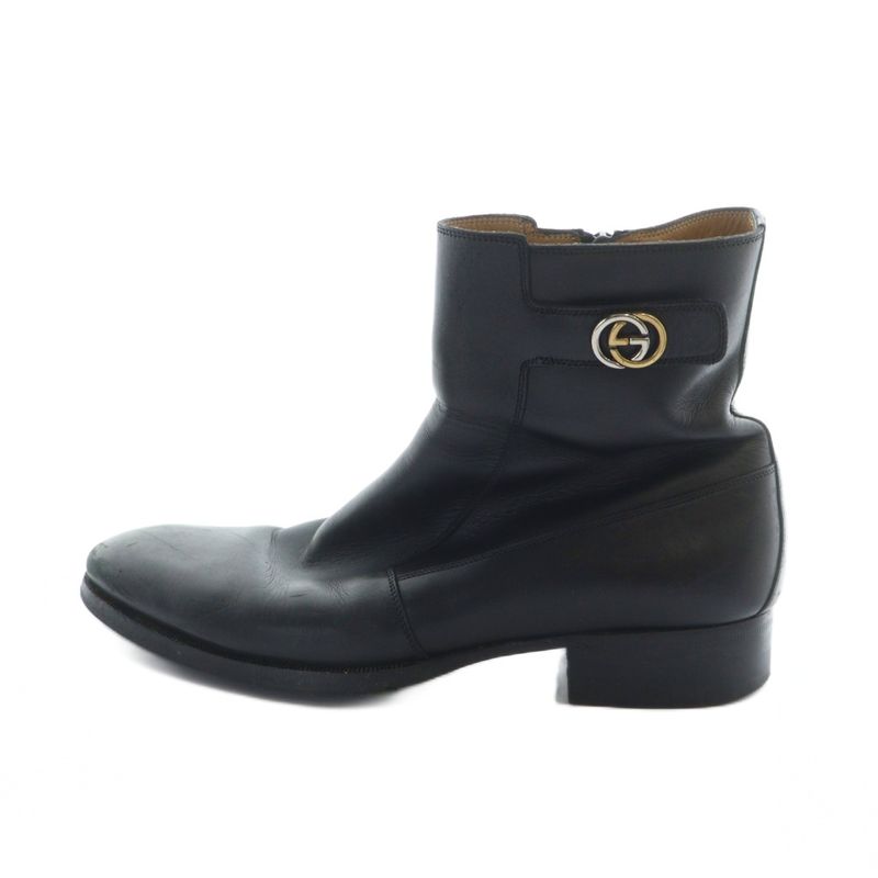 Gucci 309043 Short Boots Leather Interlocking Side Zip 6 25cm (9.84in) Black -