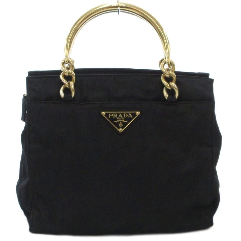 Prada Handbag Logo Triangle Plate Metal Handle Chain Nylon Black AE - GY18