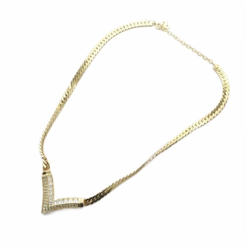 Christian DIOR Necklace Accessories Pendant Rhinestone Logo Gold Color - GY17