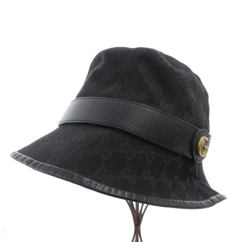 Gucci GG Canvas Fedora Bucket Hat Double G Leather Black Made In Italy 576587