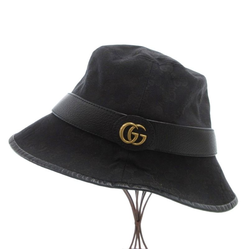 Gucci GG Canvas Fedora Bucket Hat Double G Leather Black Made In Italy 576587