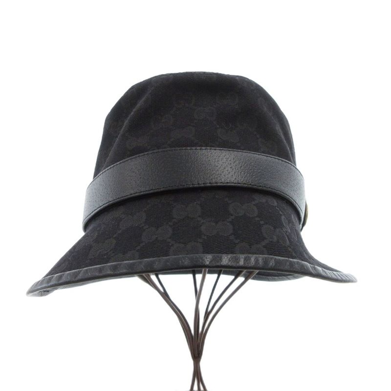 Gucci GG Canvas Fedora Bucket Hat Double G Leather Black Made In Italy 576587
