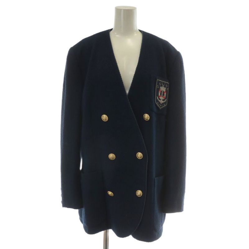 Celine Vintage Collarless Jacket Outer Double Logo Embroidery Patch Gold Button