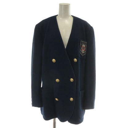 Celine Vintage Collarless Jacket Outer Double Logo Embroidery Patch Gold Button