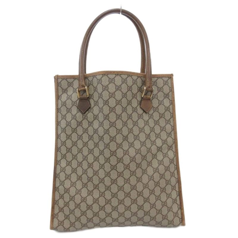 Gucci Old Gucci Vintage GG Supreme Tote Bag Hand Logo Plate Leather Brown AE -