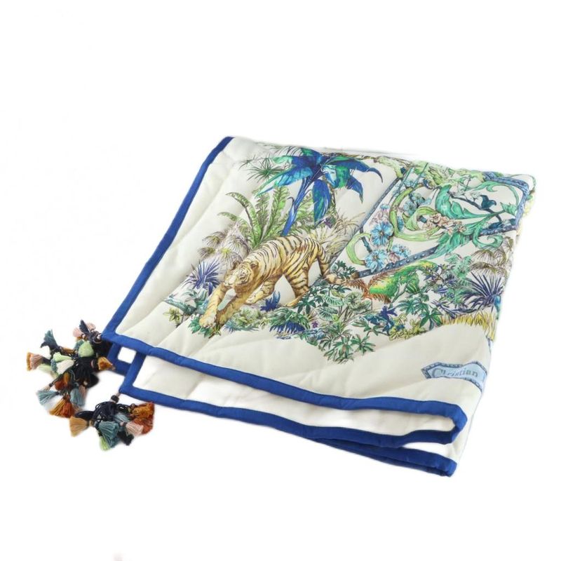 Christian DIOR Rug Mat Fabric Total Pattern Tassel Square Logo White Blue -