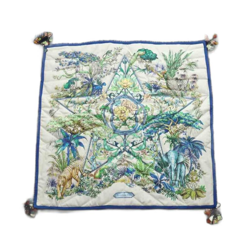 Christian DIOR Rug Mat Fabric Total Pattern Tassel Square Logo White Blue -