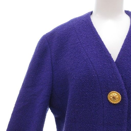 Celine Old Celine Vintage Collarless Jacket Wool Gold Button No Vent Purple 40