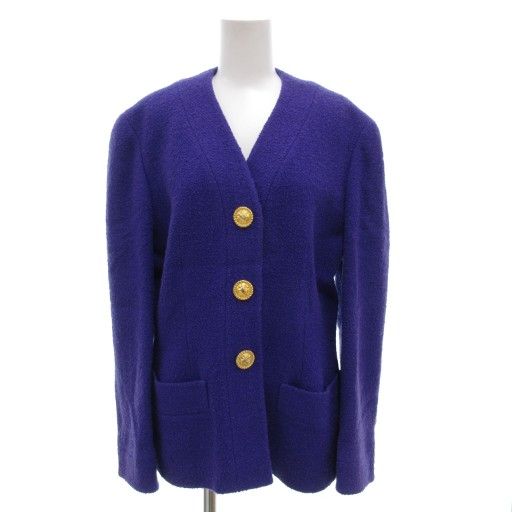 Celine Old Celine Vintage Collarless Jacket Wool Gold Button No Vent Purple 40