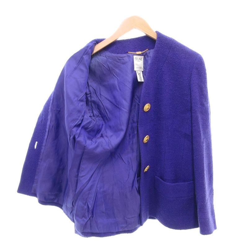 Celine Old Celine Vintage Collarless Jacket Wool Gold Button No Vent Purple 40