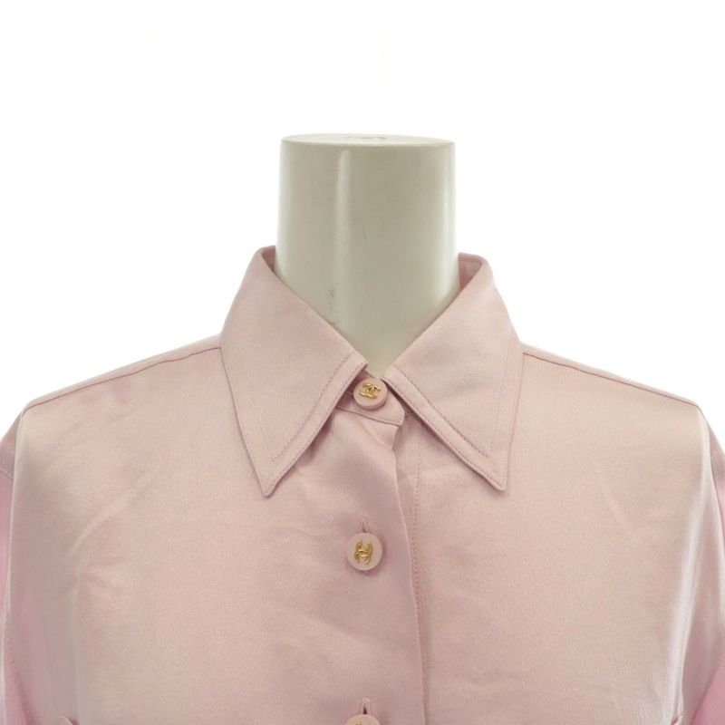Chanel Shirt Blouse 100% Silk Long Sleeves Coco Mark Coco Button Pink XZ - GY18