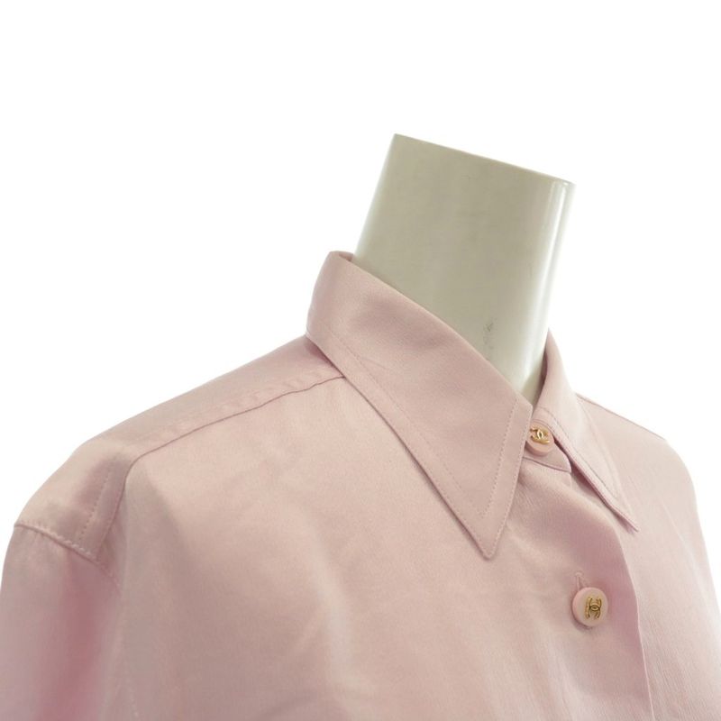Chanel Shirt Blouse 100% Silk Long Sleeves Coco Mark Coco Button Pink XZ - GY18