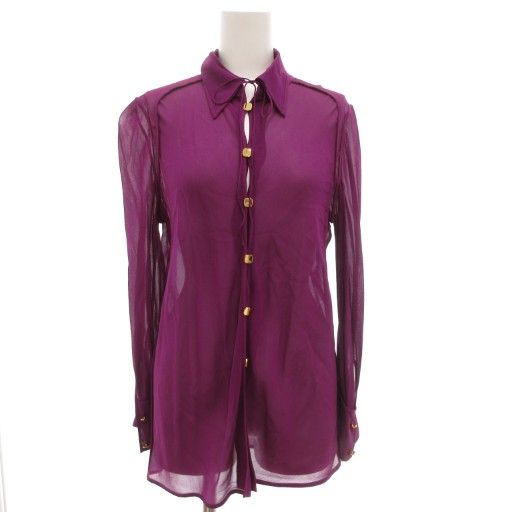 Fendi Sheer Silk Shirt Blouse 40 Long Sleeve Neck Ribbon Logo Gold Button