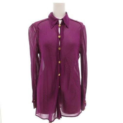 Fendi Sheer Silk Shirt Blouse 40 Long Sleeve Neck Ribbon Logo Gold Button