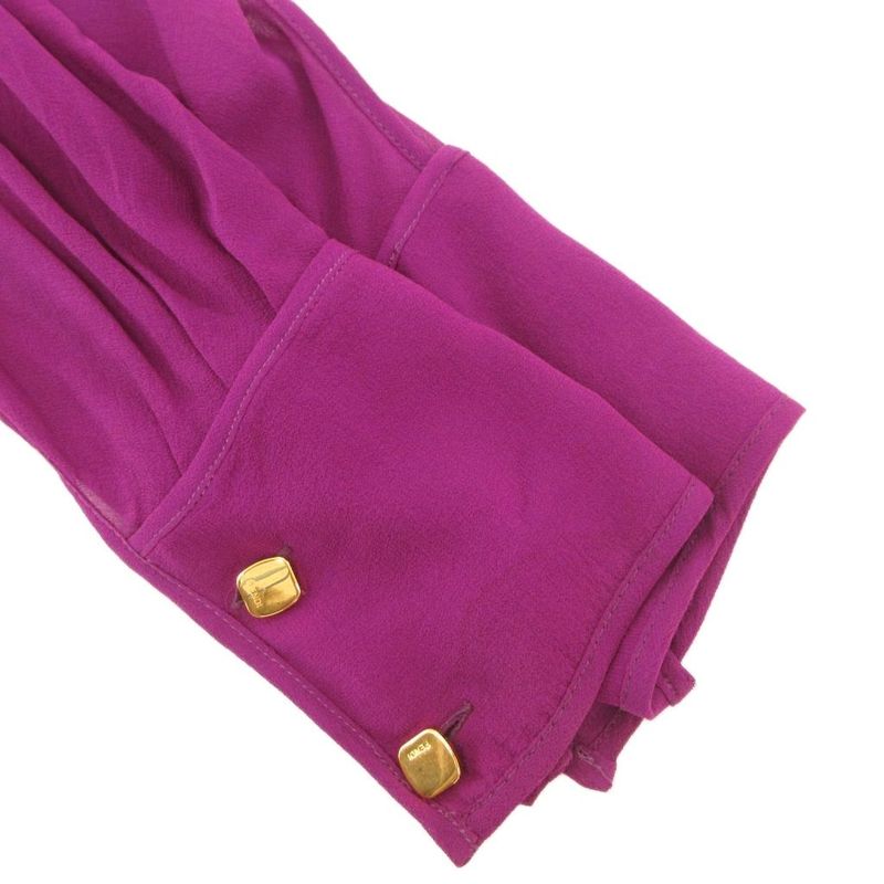 Fendi Sheer Silk Shirt Blouse 40 Long Sleeve Neck Ribbon Logo Gold Button