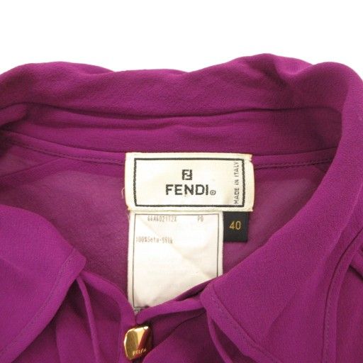 Fendi Sheer Silk Shirt Blouse 40 Long Sleeve Neck Ribbon Logo Gold Button