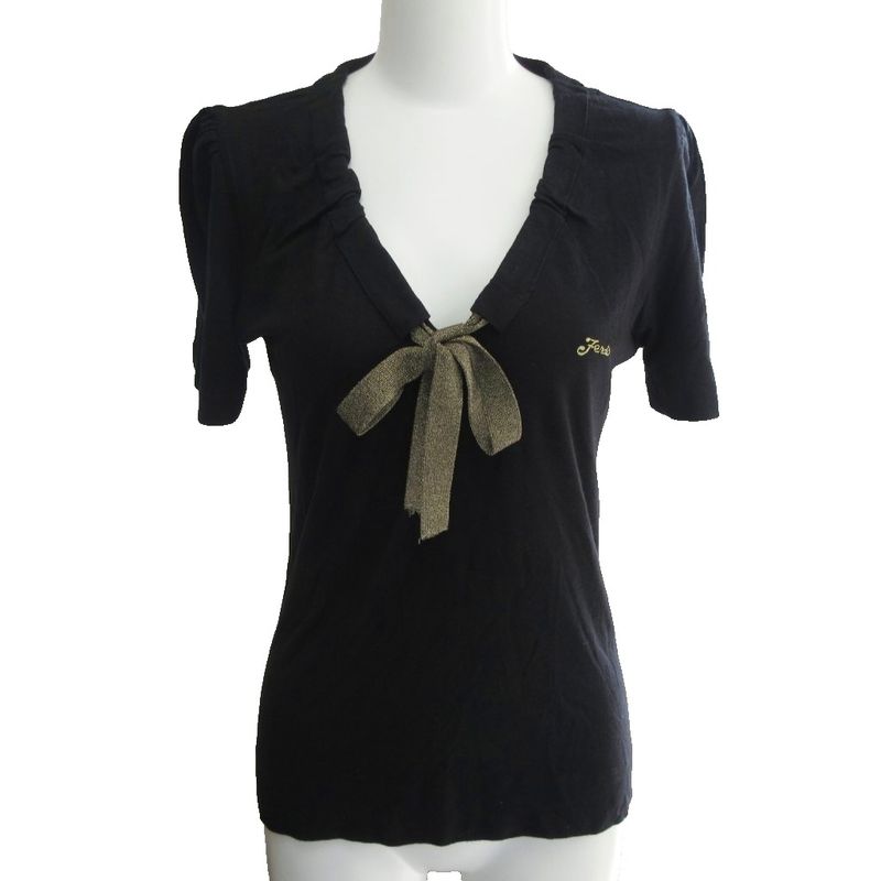 Fendi Cut And Sewn Written Logo Embroidered Ribbon Lamé Glitter Short Sleeves