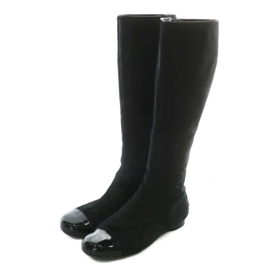 Chanel Long Boots Halaco Enamel Round Toe Side Zip Coco Mark 36 23cm (9.06in)