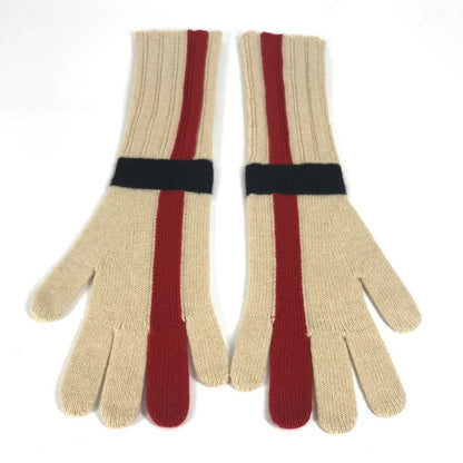 Hermes Gloves Striped Long Gloves Cashmere Beige