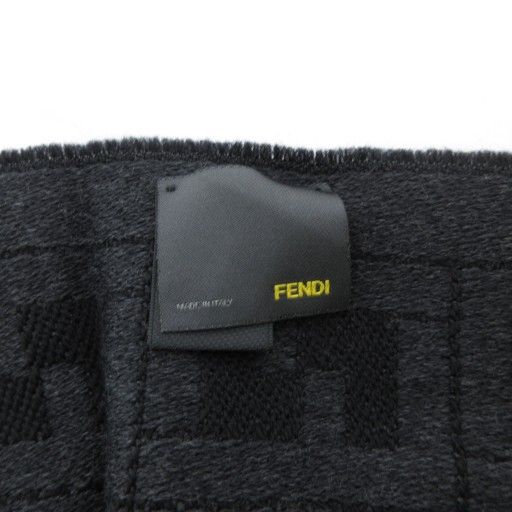 Fendi Scarf Shawl Zucca Pattern Fringe Logo Embroidery Wool Black AE