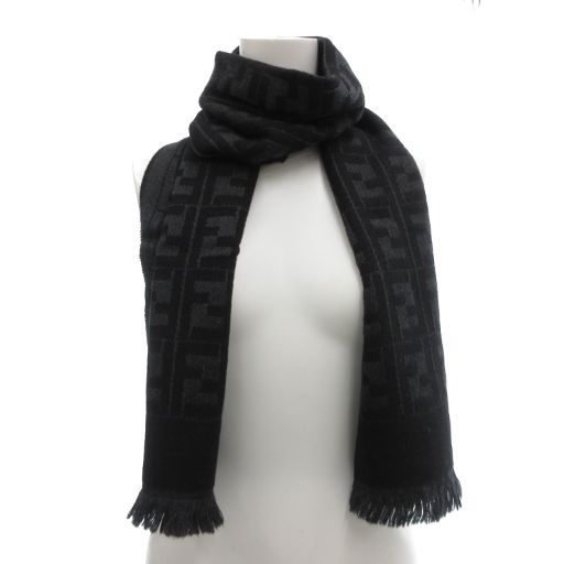 Fendi Scarf Shawl Zucca Pattern Fringe Logo Embroidery Wool Black AE